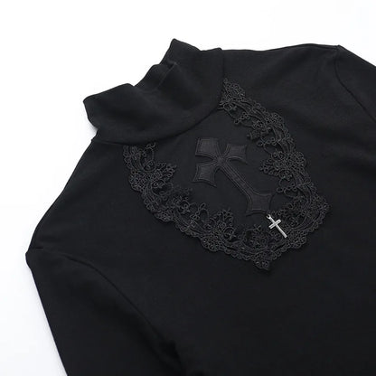 Goth Mesh Patchwork Cross Turtleneck Pullovers