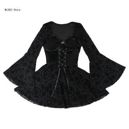 Gothic Dress Black Draped Bodycon Dresses Vintage Dark Flocking Long Skirt Party Birthday Costume for Women Girls