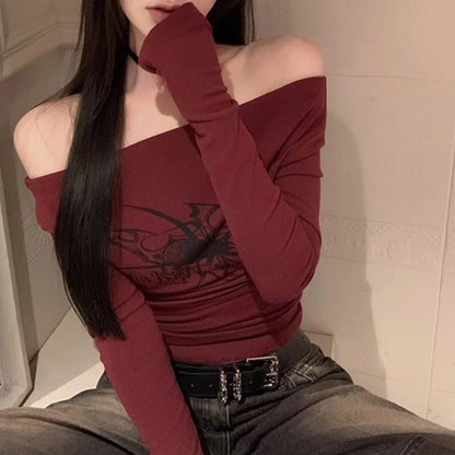 Gothic Print T-Shirts Long Sleeve Off the Shoulders Tops