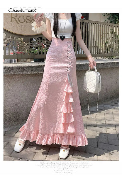 Gothic Long Skirt Punk Fishtail Tied Waist Printed Half Skirt