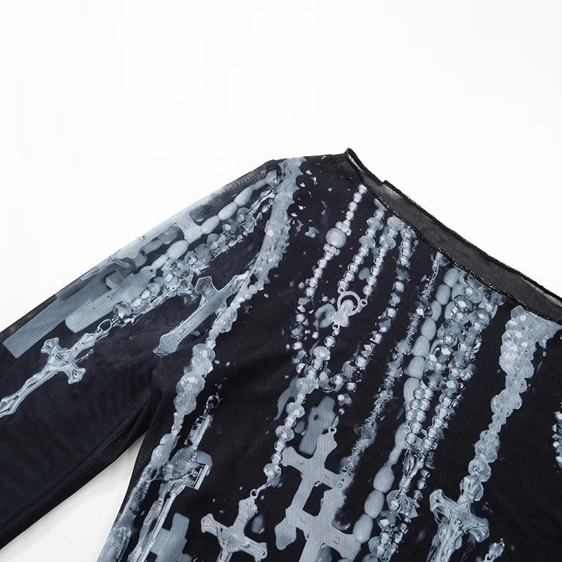 Goth Graphic T Shirts See Through Mesh Top Long Sleeve