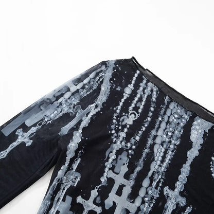 Goth Graphic T Shirts See Through Mesh Top Long Sleeve