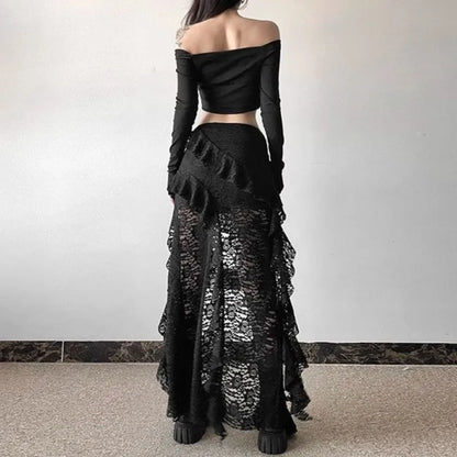Gothic Skirt Gyaru Kpop Streetwear Lace High waist Casual Aesthetic Long Skirt Femme Hip hop Skirts