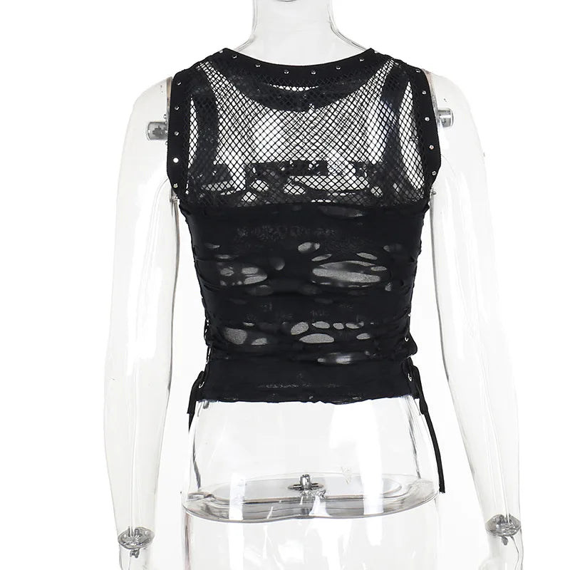 Gothic Crop Tops Tanks Trendy Camisole Fishnet Backless  Vest