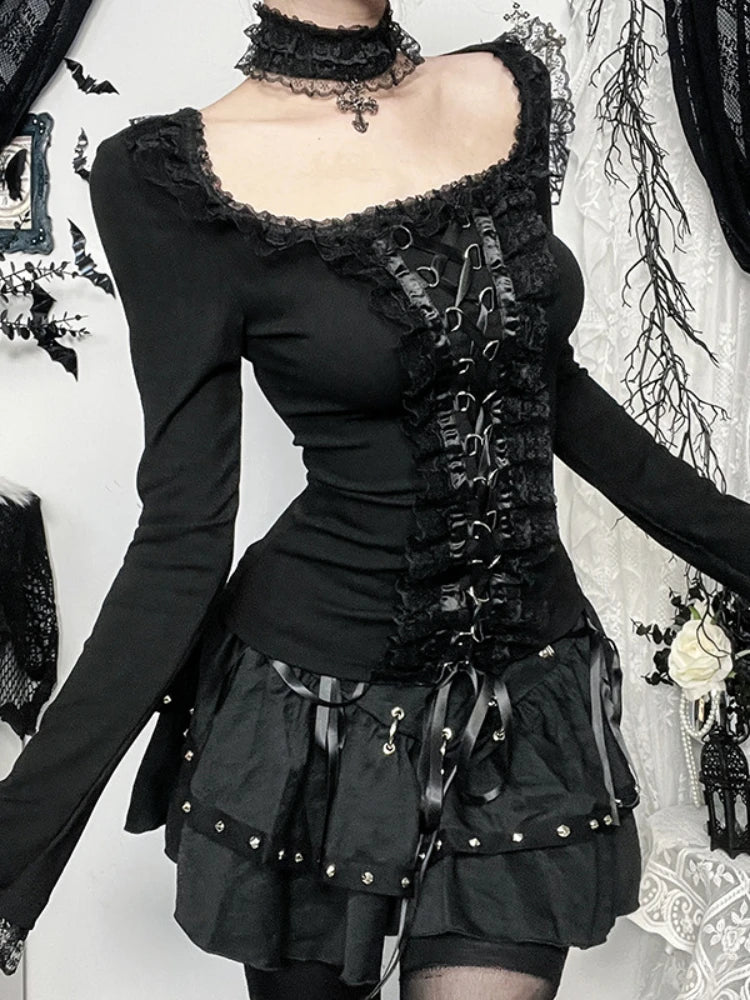 Goth Black Lace Trim Long Sleeve Vintage Lace-up Square Collar Elastic Tops with Choker Cross