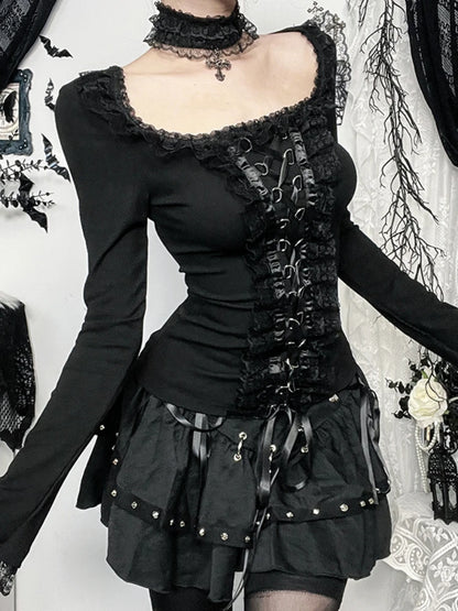 Goth Black Lace Trim Long Sleeve Vintage Lace-up Square Collar Elastic Tops with Choker Cross
