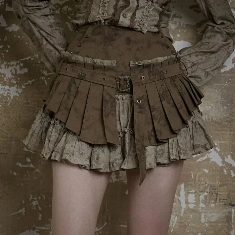 Fashion Heavy Vintage Ruched Skirt for Women 2025 Summer New High Waist Skirts Y2k Fake Two Piece All-match Faldas Mujer
