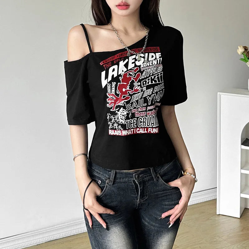 Gothic Print Tee Off Shoulder