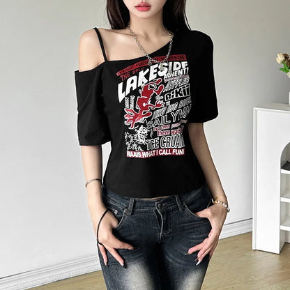 Gothic Print Tee Off Shoulder