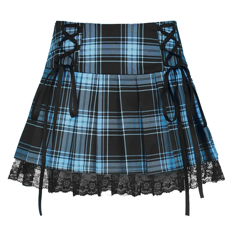 Goth Skirts Summer Y2K Woman Skirts Pink Stripe Plaid Lace Trim Pleated School Plaid Skirt Ladies Aesthetic Tie Up Jupe Femme