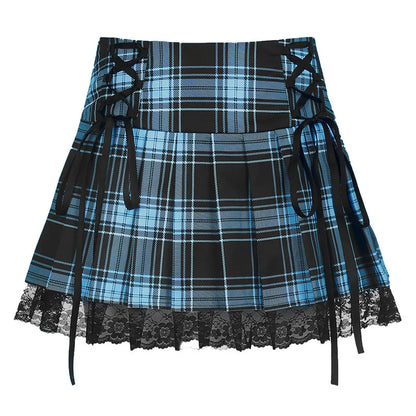 Goth Skirts Summer Y2K Woman Skirts Pink Stripe Plaid Lace Trim Pleated School Plaid Skirt Ladies Aesthetic Tie Up Jupe Femme
