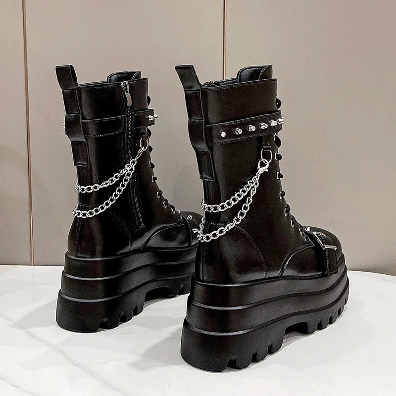 Platform Thick Gothic Boots Lady Buckle Autumn Shoes Women Wedges Knee High Boots Punk Street Cosplay Botas Motorcycle Chain