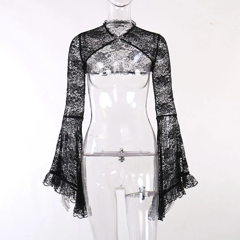 Dark Black Goth Vintage Flared Sleeve Lace Shoulder Cover