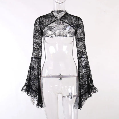 Dark Black Goth Vintage Flared Sleeve Lace Shoulder Cover