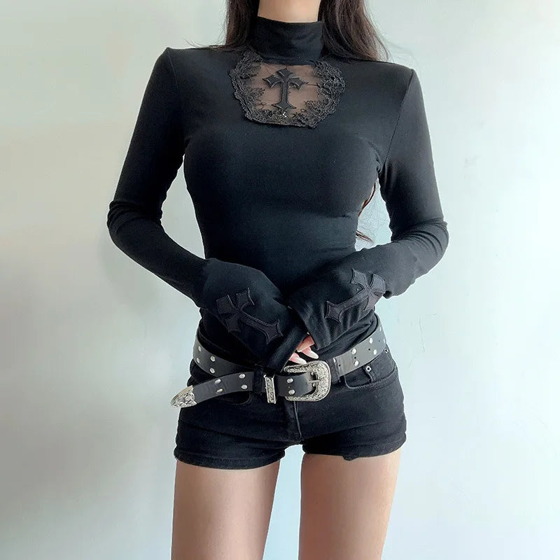 Goth Mesh Patchwork Cross Turtleneck Pullovers