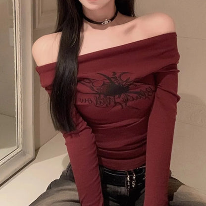 Gothic Print T-Shirts Long Sleeve Off the Shoulders Tops