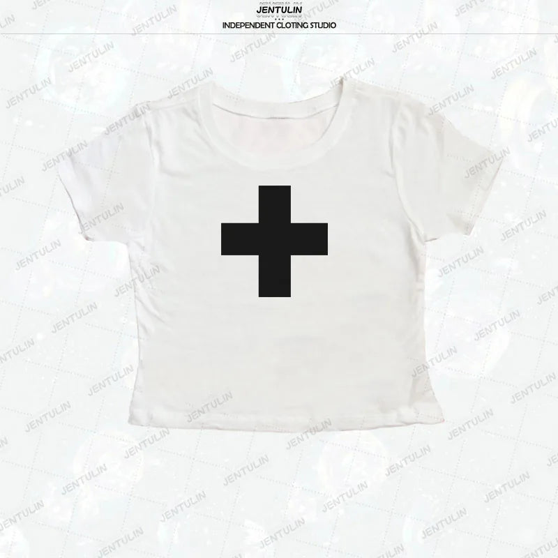 Goth Cross Print Crop Top Short sleeve Tees