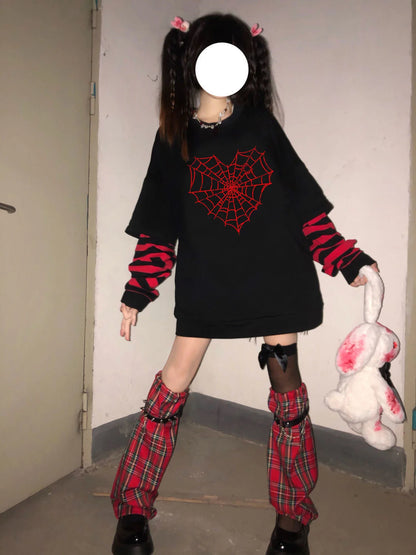 GOTH Black Long Sleeve  Fake Two-piece Spider web sweatshirt
