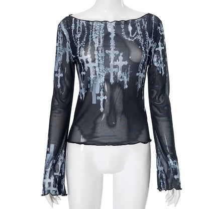 Goth Graphic T Shirts See Through Mesh Top Long Sleeve