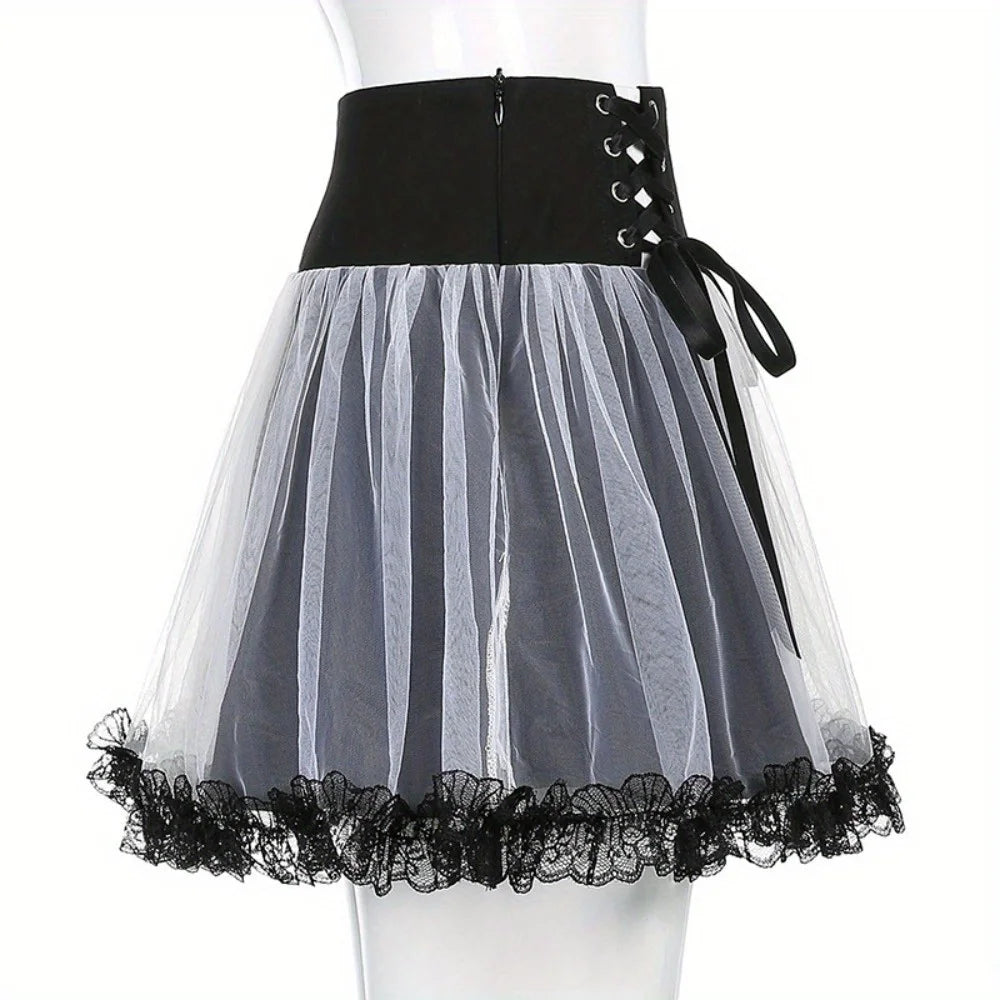 Gothic Mesh A-Line Skirt: Punk Ruffled Tie-Accent High-Waisted Skirt with Full Flare
