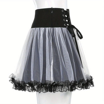 Gothic Mesh A-Line Skirt: Punk Ruffled Tie-Accent High-Waisted Skirt with Full Flare