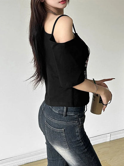 Gothic Print Tee Off Shoulder