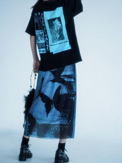 KOSAHIKI Gothic Pleated Skirts Womens Blue Saia Black Butterfly Print High Waist Skirt Woman Y2k Faldas Mujer Moda 2025 Korean