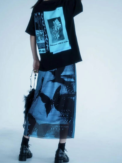 KOSAHIKI Gothic Pleated Skirts Womens Blue Saia Black Butterfly Print High Waist Skirt Woman Y2k Faldas Mujer Moda 2025 Korean