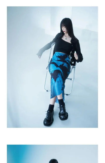 KOSAHIKI Gothic Pleated Skirts Womens Blue Saia Black Butterfly Print High Waist Skirt Woman Y2k Faldas Mujer Moda 2025 Korean
