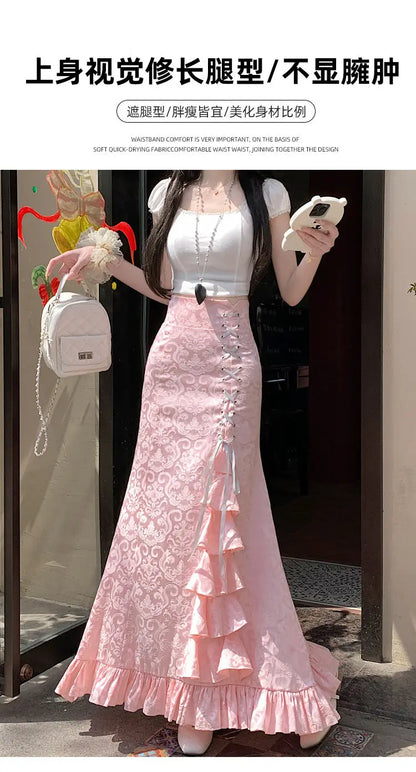 Gothic Long Skirt Punk Fishtail Tied Waist Printed Half Skirt