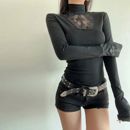 Goth Mesh Patchwork Cross Turtleneck Pullovers