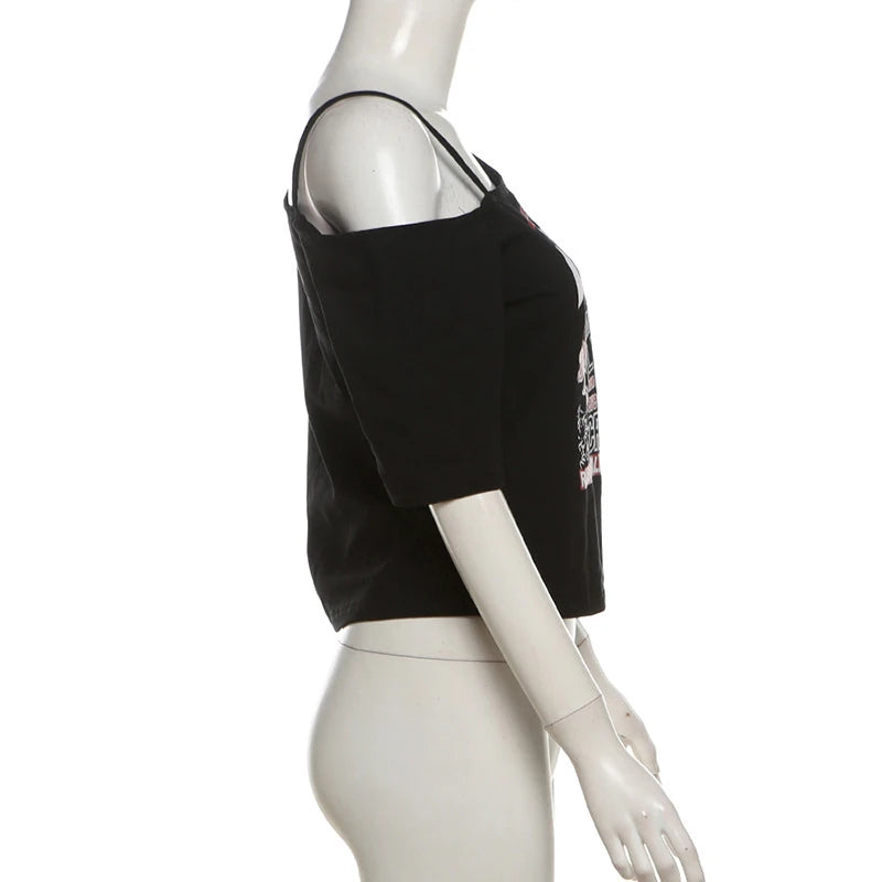 Gothic Print Tee Off Shoulder