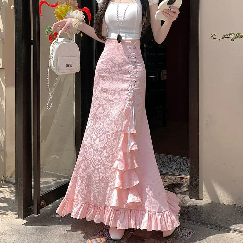 Gothic Long Skirt Punk Fishtail Tied Waist Printed Half Skirt
