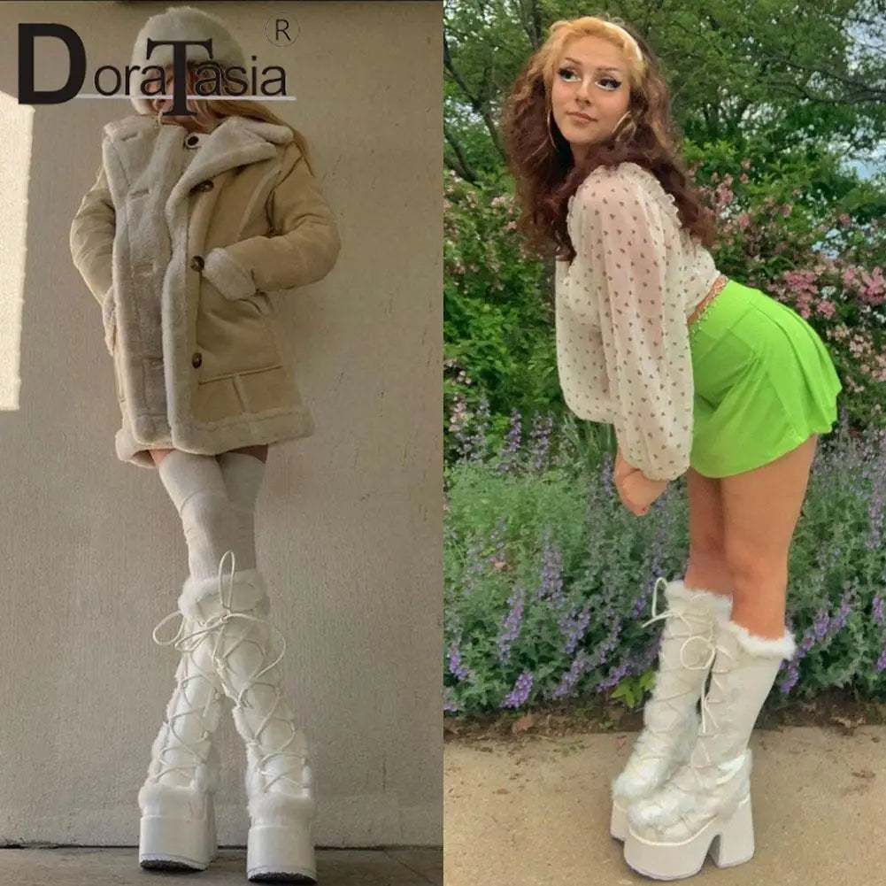 Ladies Goth Platform Boots Fashion Zip Faux Fur Chunky High Heels women's Boots Party Street Autumn Winter Woman Shoes