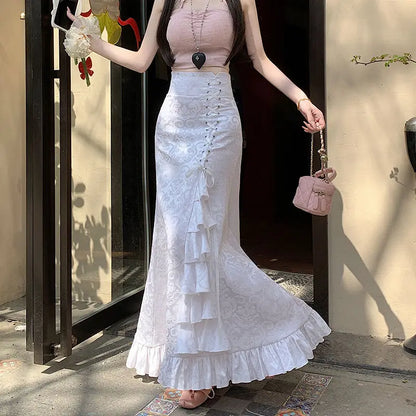 Gothic Long Skirt Punk Fishtail Tied Waist Printed Half Skirt