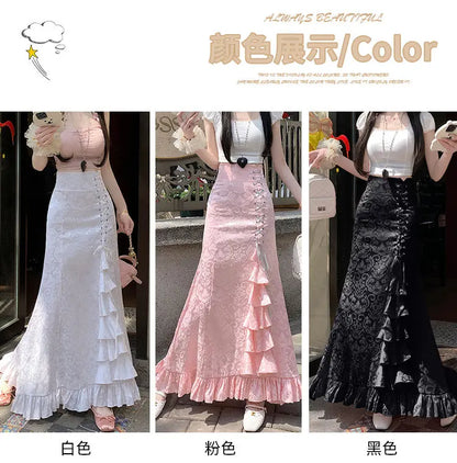 Gothic Long Skirt Punk Fishtail Tied Waist Printed Half Skirt