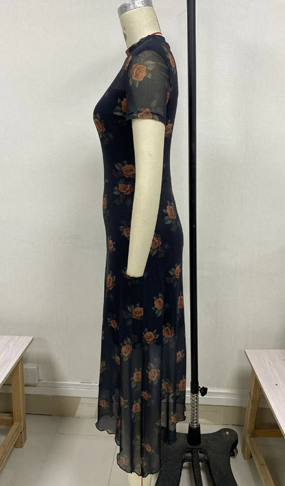 Goth Dark Elegant Fashion Florals Print Short Sleeve Mid Dress Fairy Double Layer Dresses