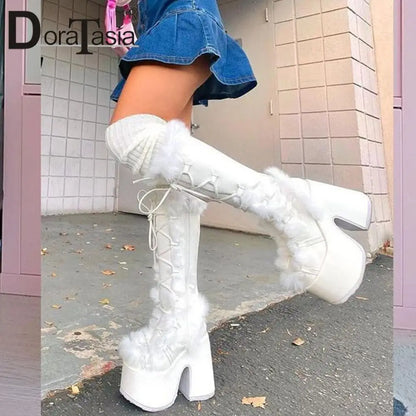 Ladies Goth Platform Boots Fashion Zip Faux Fur Chunky High Heels women's Boots Party Street Autumn Winter Woman Shoes