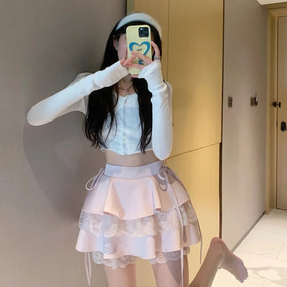 Gothic Sexy Ruffle Tiered Skirts Women Cute Lolita Style Lace Cake Skirt Girl Kawaii Clothes High Waist Solid A-Line Mini Skirt