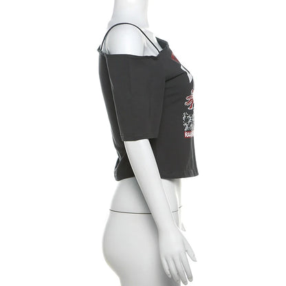 Gothic Print Tee Off Shoulder
