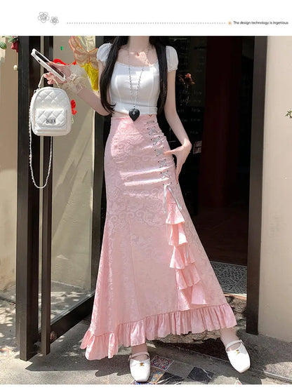 Gothic Long Skirt Punk Fishtail Tied Waist Printed Half Skirt