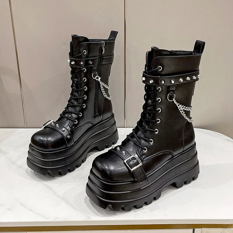 Platform Thick Gothic Boots Lady Buckle Autumn Shoes Women Wedges Knee High Boots Punk Street Cosplay Botas Motorcycle Chain