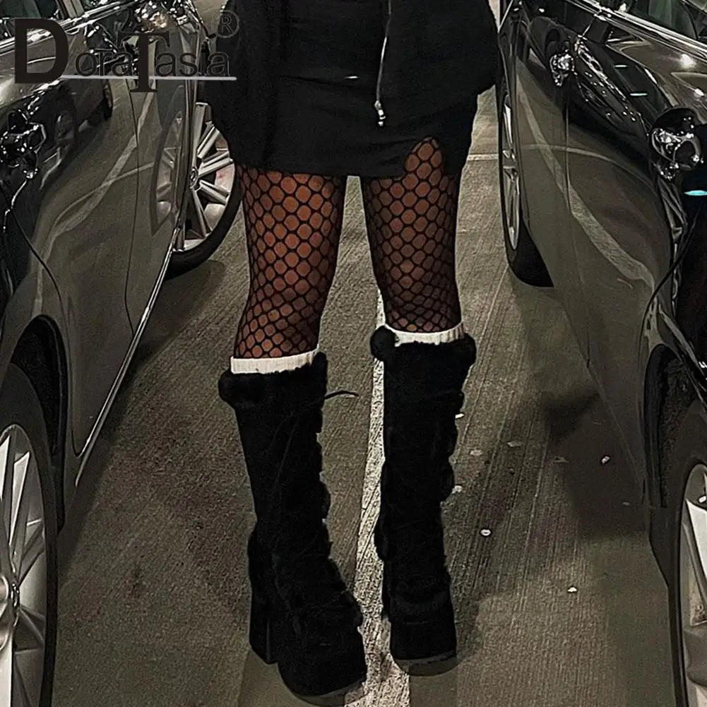 Ladies Goth Platform Boots Fashion Zip Faux Fur Chunky High Heels women's Boots Party Street Autumn Winter Woman Shoes