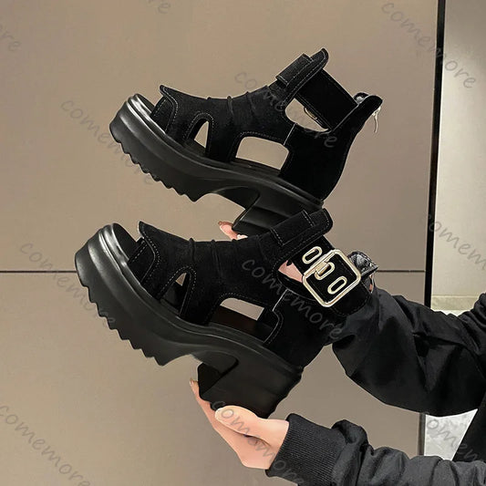 Gothic Platform Sandals Women Summer Wedges Peep Toe Gladiator Shoes Woman Thick Bottom 8cm High Heels Sandalias Mujer