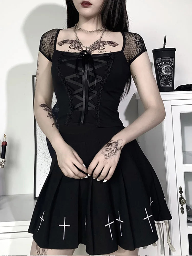 Vintage Bodycon Bandage Lace Black T-shirts