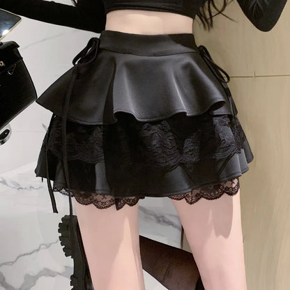 Gothic Sexy Ruffle Tiered Skirts Women Cute Lolita Style Lace Cake Skirt Girl Kawaii Clothes High Waist Solid A-Line Mini Skirt