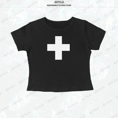 Goth Cross Print Crop Top Short sleeve Tees