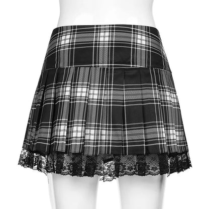 Goth Skirts Summer Y2K Woman Skirts Pink Stripe Plaid Lace Trim Pleated School Plaid Skirt Ladies Aesthetic Tie Up Jupe Femme