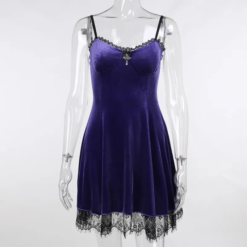 Goth Purple Dress Vintage Velvet A Line Lolita Dress Aesthetic Gothic High Waist Ladies Club Party Dresses
