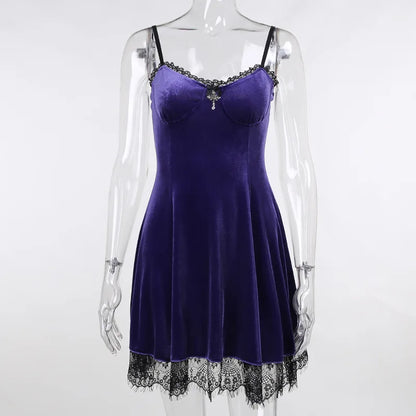 Goth Purple Dress Vintage Velvet A Line Lolita Dress Aesthetic Gothic High Waist Ladies Club Party Dresses